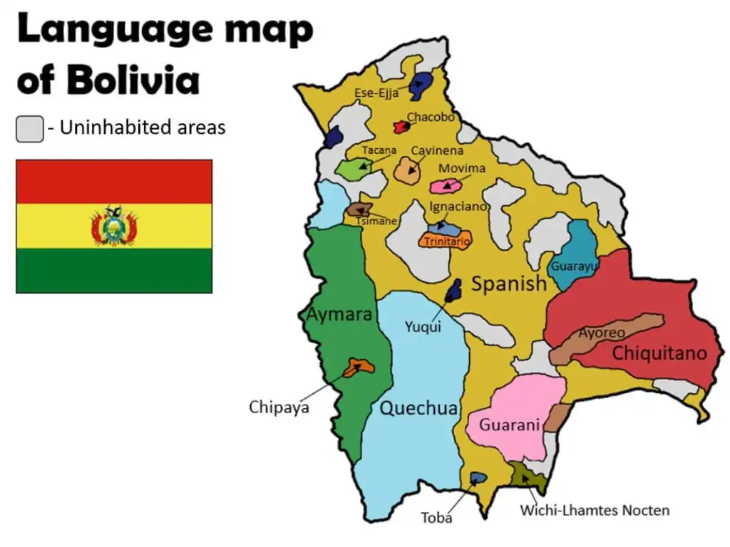 Map of Bolivia showing regions where Spanish, Quechua, Aymara, Guaraní & other indigenous languages are spoken