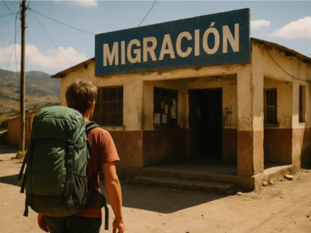 Bolivia Entry Requirements: Backpacker Approaching Migración Office at a Rural Border Post