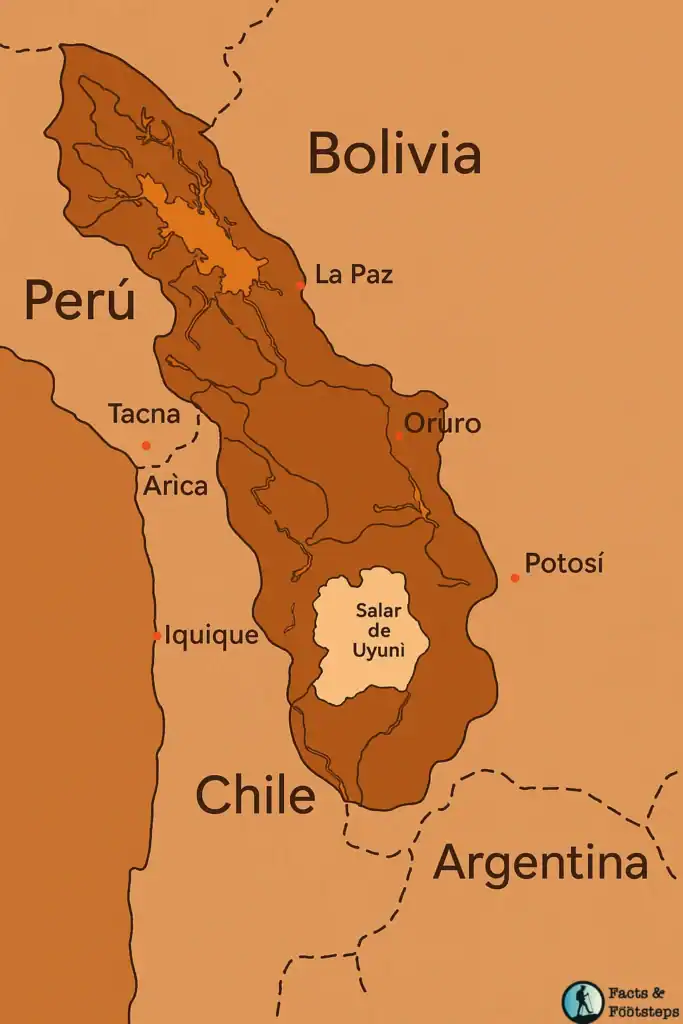Map of the Bolivian Altiplano with Lake Titicaca and Salar de Uyuni.