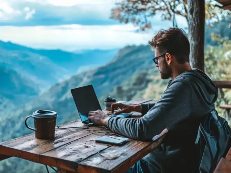 Man working remotely on laptop with coffee and internet in Bolivia’s mountains