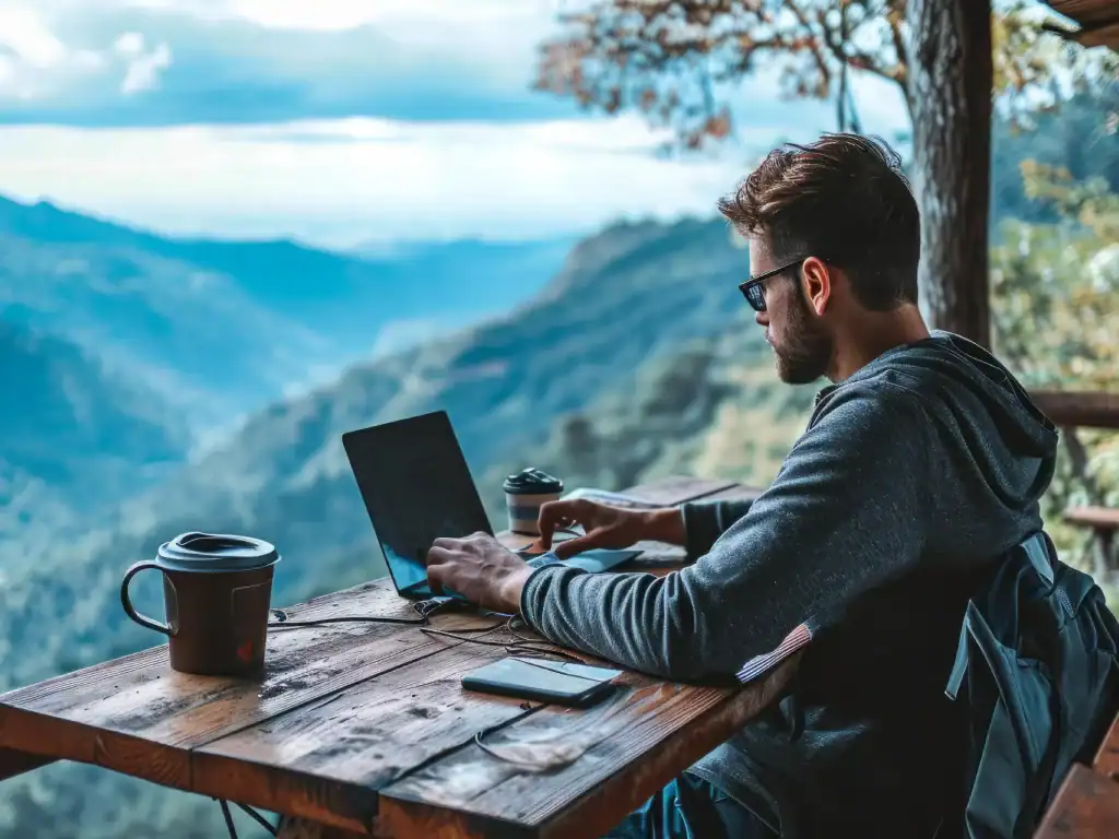 Man working remotely on laptop with coffee on internet in Bolivia’s mountains