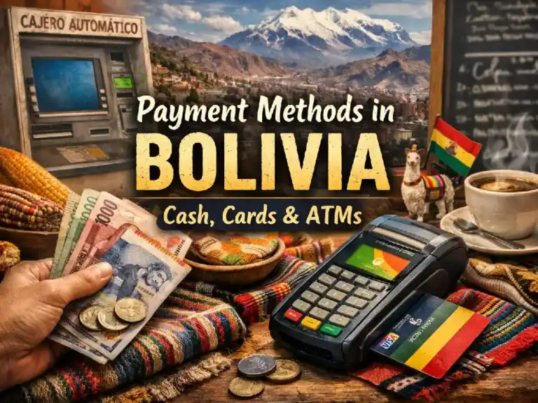 Cash, card terminal and ATM showing common payment methods used in Bolivia.