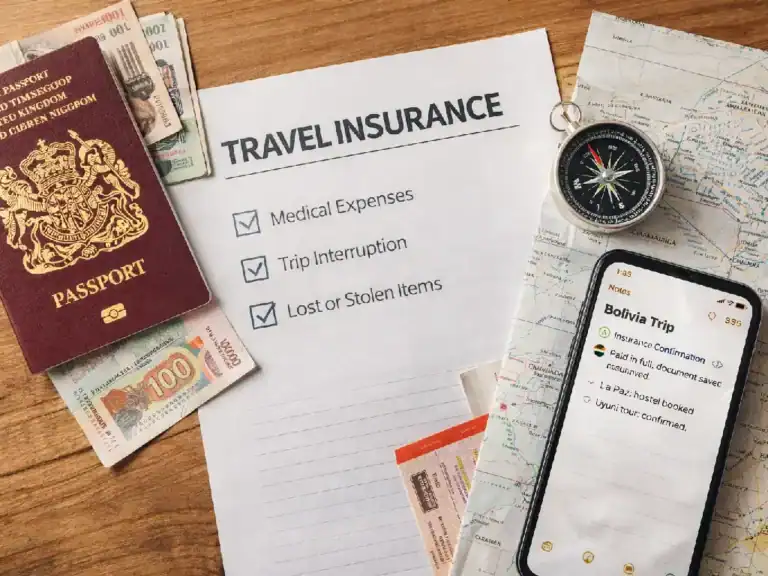 Travel essentials on a wooden table, highlighting the travel insurance for Bolivia.