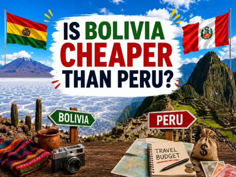 Colorful travel comparison graphic asking “Is Bolivia Cheaper Than Peru?” featuring Bolivia’s salt flats, Peru’s Machu Picchu, national flags, and exploring South America on a budget.
