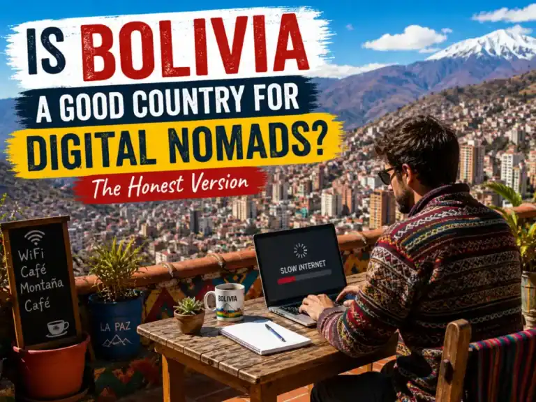Man working remotely in La Paz Bolivia with slow internet connection and mountain city view.