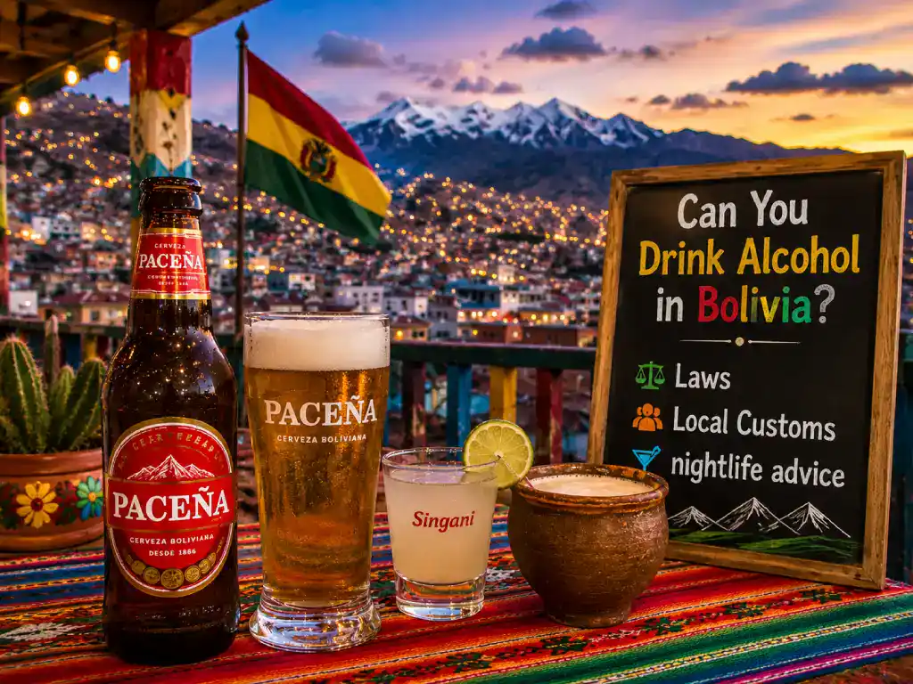 Bolivian beer, singani, and traditional drinks on a rooftop bar overlooking La Paz at sunset.