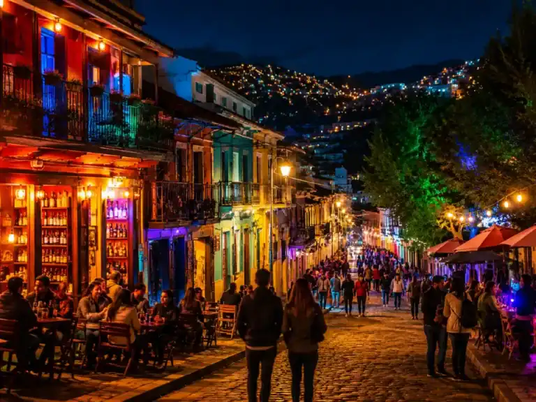 Colourful nightlife street in Bolivia with busy cafés, glowing colonial buildings, and people walking through a lively cobblestone street at night.
