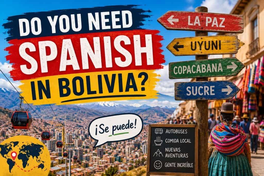Colourful travel graphic asking “Do You Need Spanish in Bolivia?” with signposts pointing to La Paz, Uyuni, Copacabana, and Sucre above the city of La Paz.