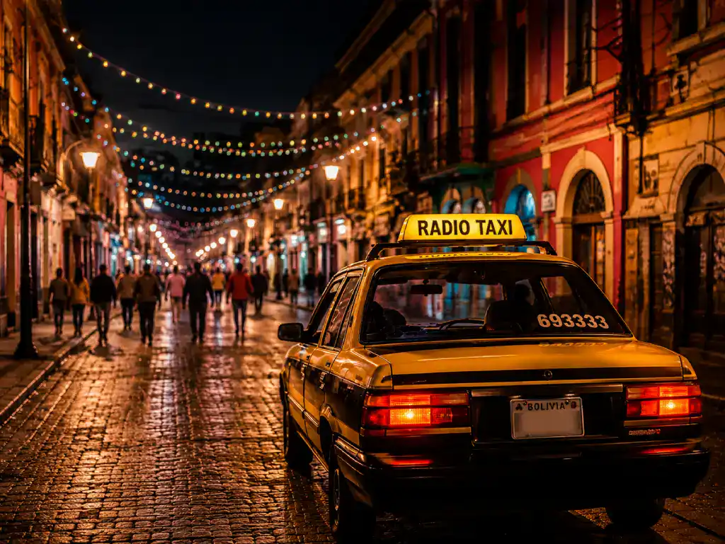 Yellow radio taxi driving through a colourful Bolivian street at night with glowing lights and pedestrians in the background.