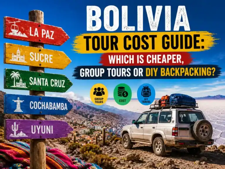 Colourful Bolivia tour cost guide comparing group tours and DIY backpacking across La Paz, Sucre, Santa Cruz, Cochabamba, and Uyuni.