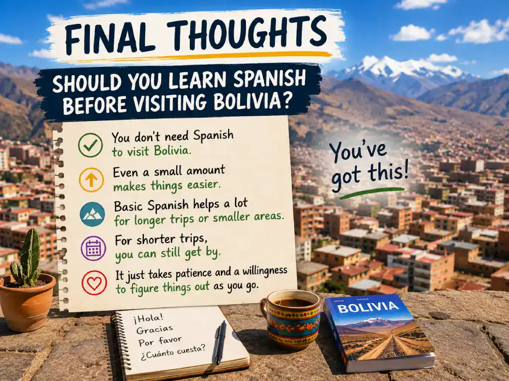 Travel-themed infographic about learning Spanish before visiting Bolivia with handwritten notes, travel phrases, mountain scenery, and views over La Paz.