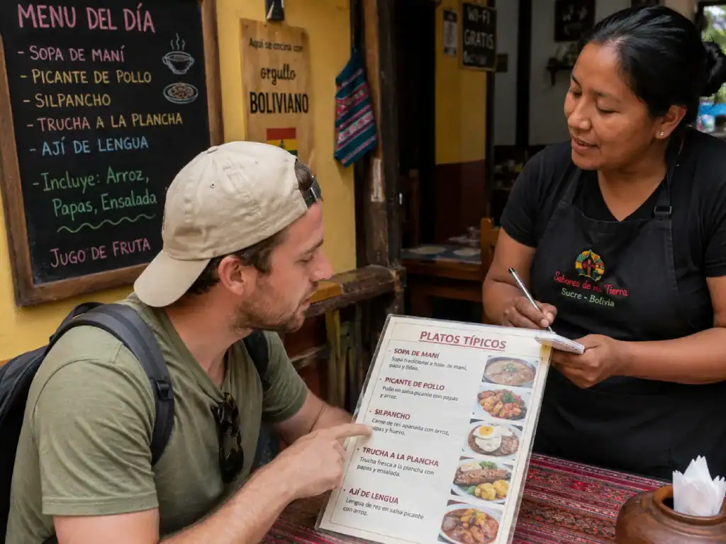 Tourist ordering food from a Spanish menu in a local Bolivia restaurant.