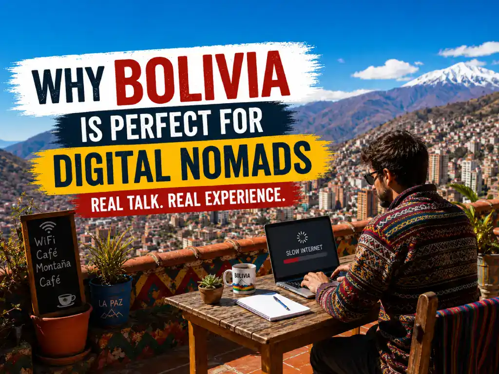 Man working remotely in La Paz Bolivia with slow internet connection and mountain city view.