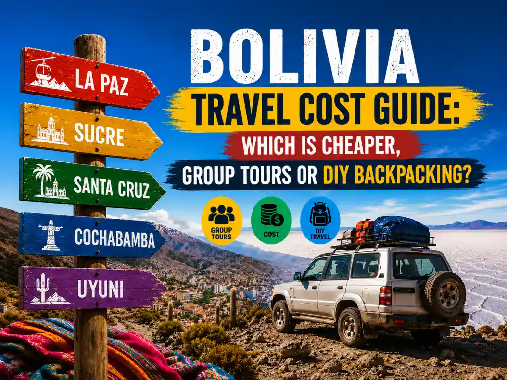 Colourful Bolivia tour cost guide comparing group tours and DIY backpacking across La Paz, Sucre, Santa Cruz, Cochabamba, and Uyuni.