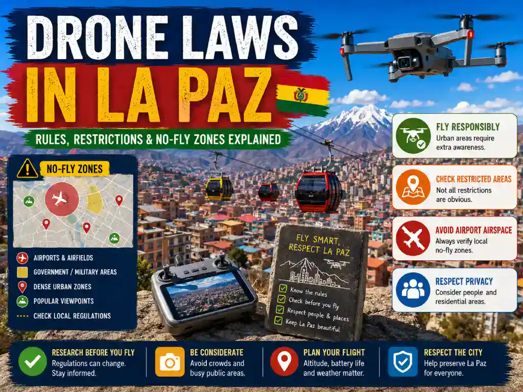 Infographic explaining drone laws, restrictions and no-fly zones in La Paz, Bolivia.