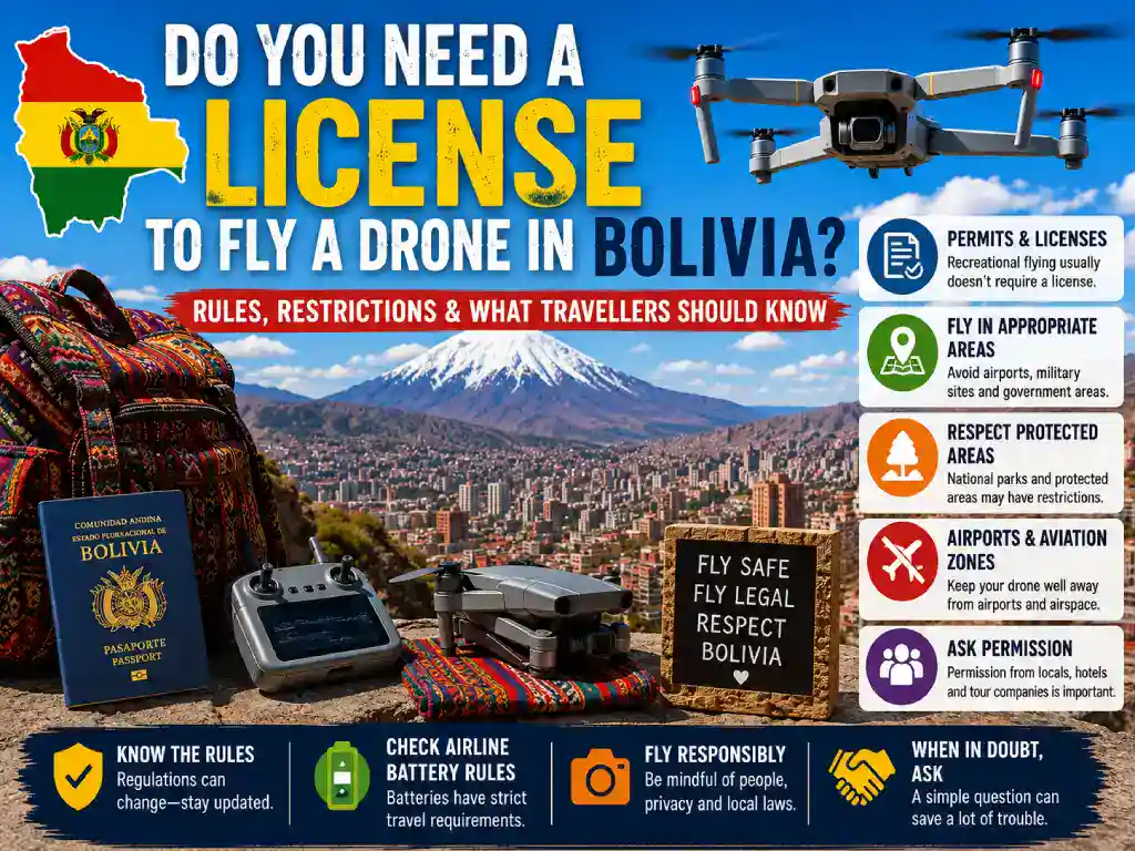 Colorful infographic explaining drone license requirements, restrictions and flying rules for tourists in Bolivia.