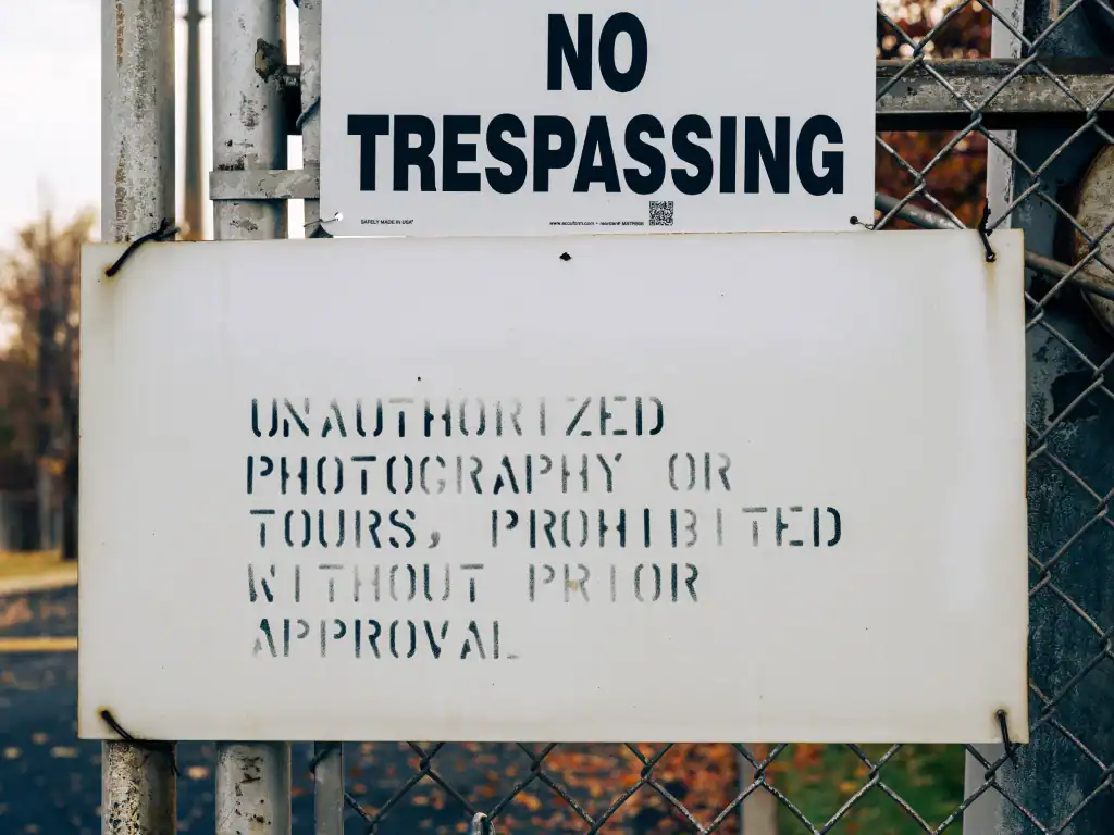 Sign warning against unauthorised photography and access on private property.