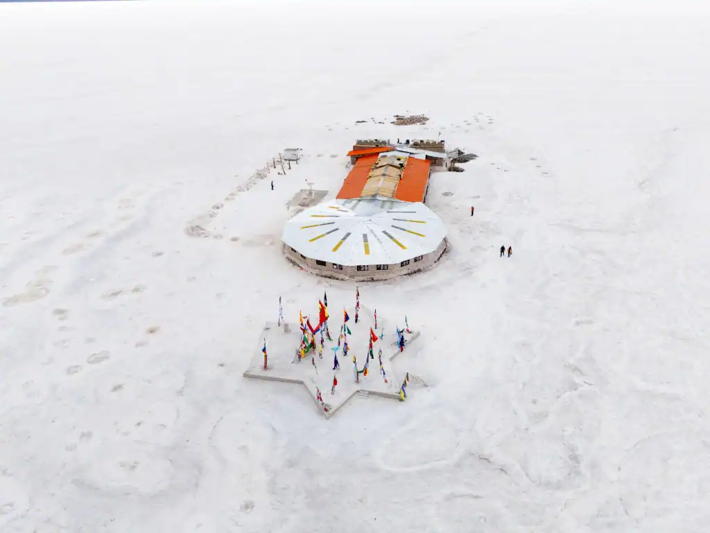 Aerial view of a landmark on the Salar de Uyuni salt flats in Bolivia.