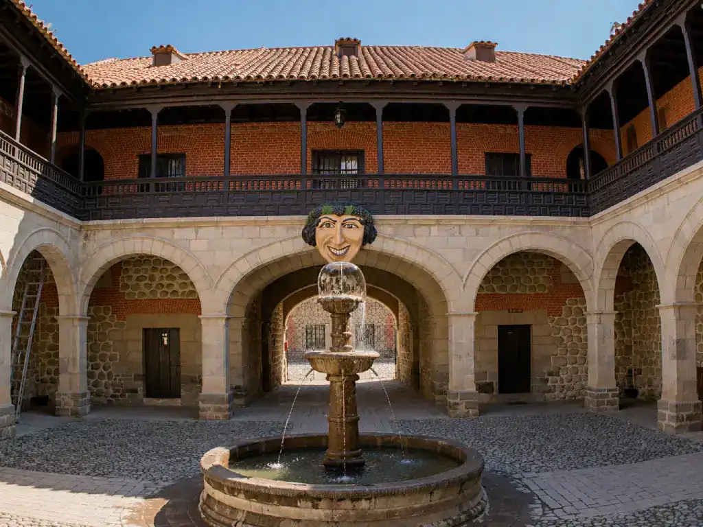Courtyard of Casa Nacional de la Moneda in Potosí, Bolivia featuring colonial stone arches and a central fountain.