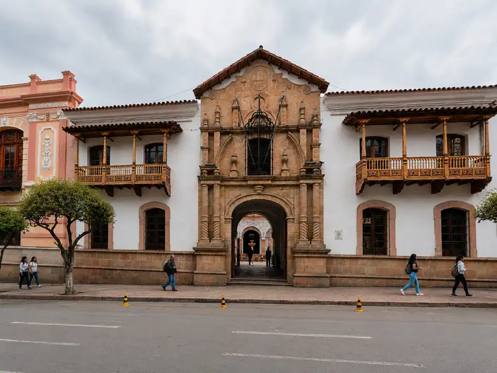 Historic façade of Casa de la Libertad, Bolivia's independence museum, in the centre of Sucre.