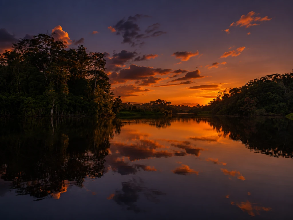 Sunset reflecting across a calm Amazon river surrounded by rainforest in Bolivia