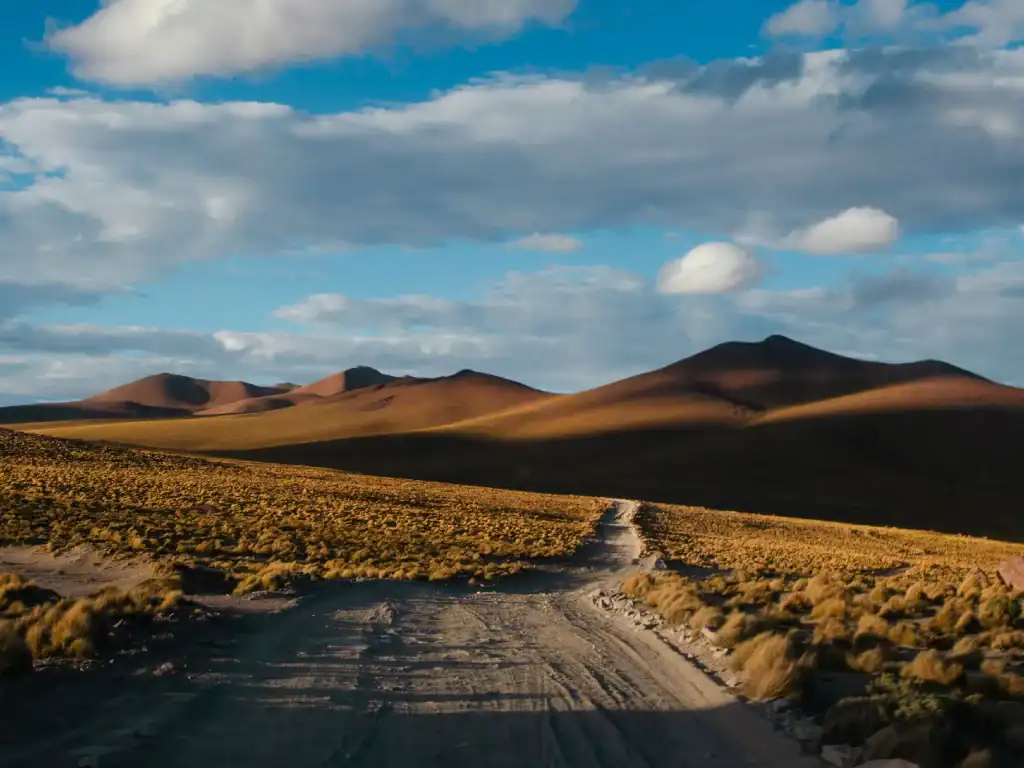 Dirt road leading through the high-altitude landscape surrounding Cerro Rico near Potosí, Bolivia.