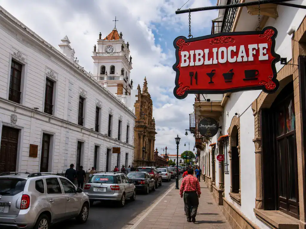 Colourful café sign hanging above a colonial street with historic churches and local shops in Sucre.