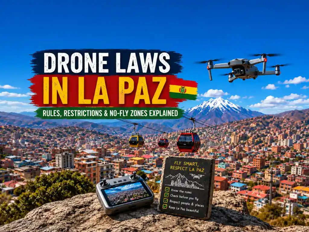 Infographic explaining drone laws, restrictions and no-fly zones in La Paz, Bolivia