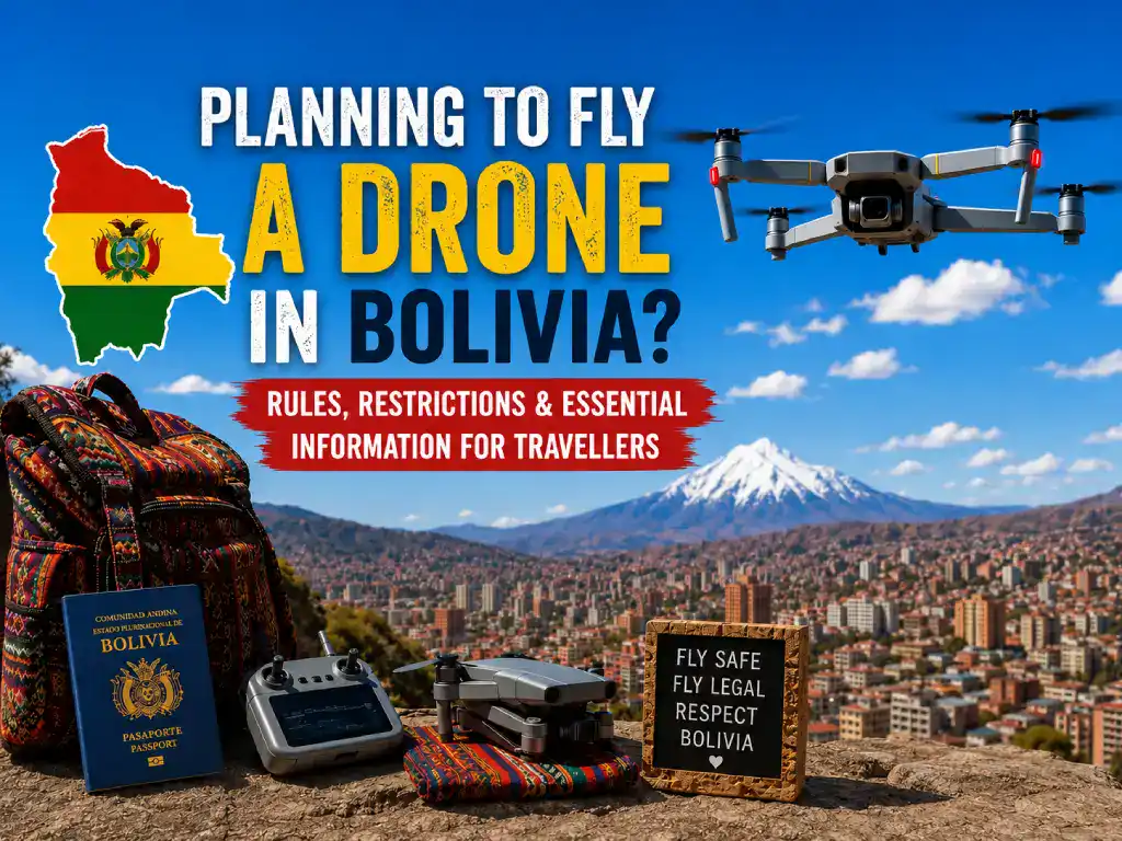 Colorful infographic explaining drone license requirements, restrictions and flying rules for tourists in Bolivia.