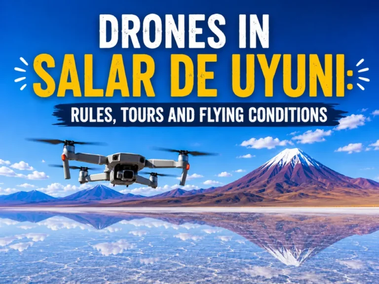 Drone flying above Salar de Uyuni with mountains in the background and travel guide title