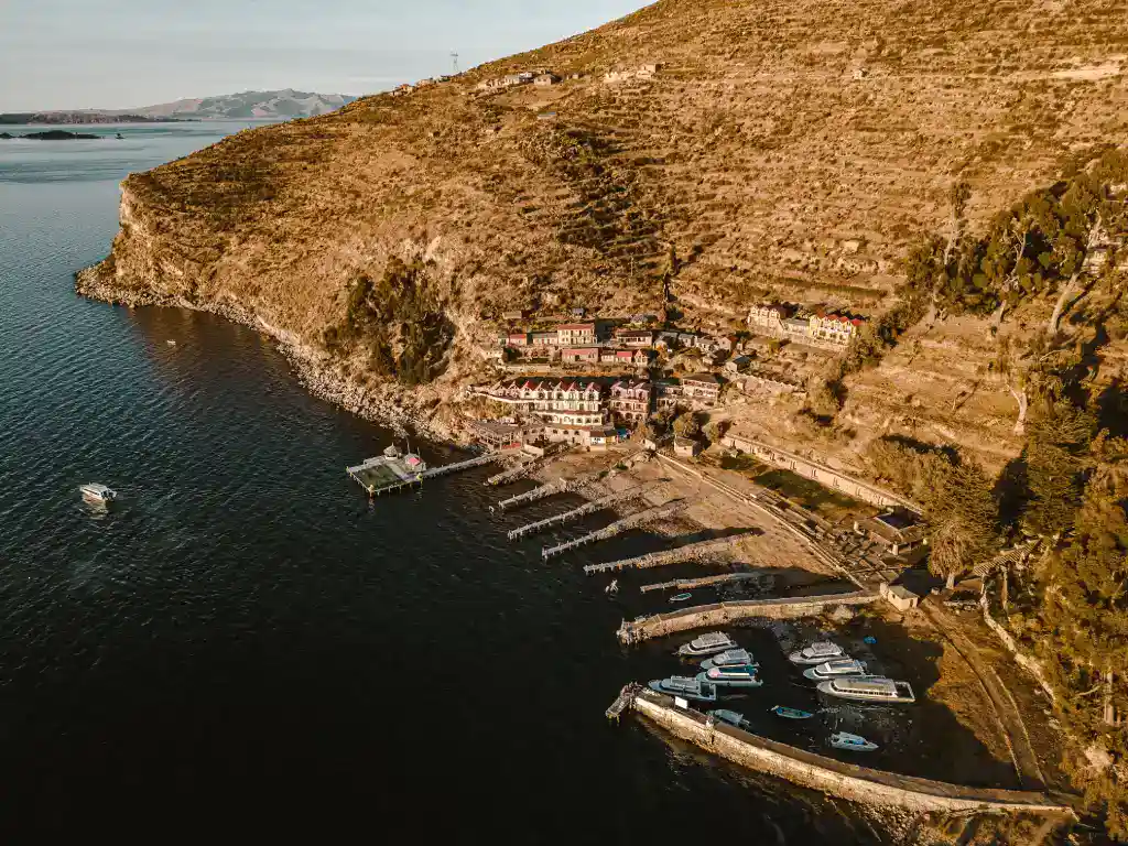 Aerial perspective of Isla del Sol with terraced hillsides and peaceful bays.
