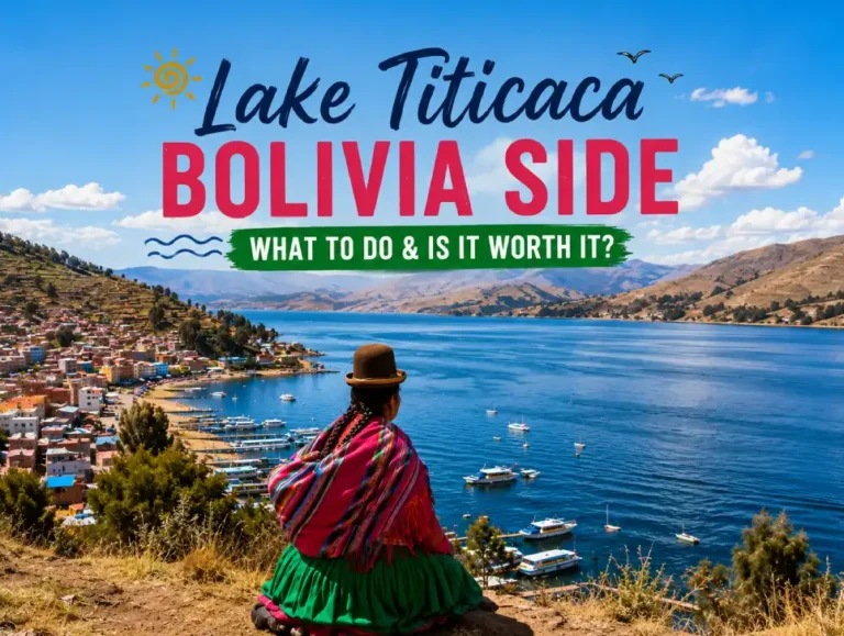 Colourful travel guide highlighting the best attractions on the Lake Titicaca Bolivia side including Copacabana and Isla del Sol.