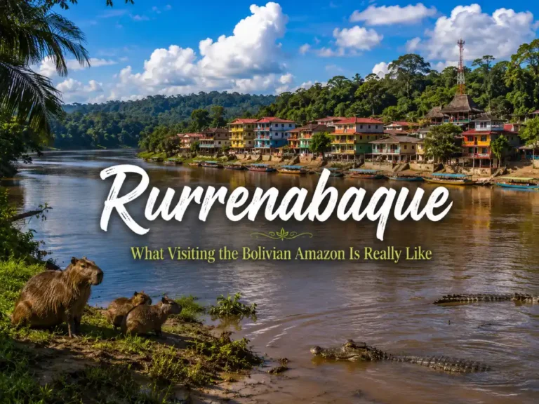 Scenic view of Rurrenabaque on the Beni River with capybaras and caimans representing the Bolivian Amazon