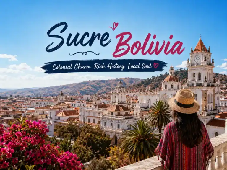Panoramic view of Sucre, Bolivia, featuring white colonial buildings, church towers and red-tiled rooftops under a bright blue sky.