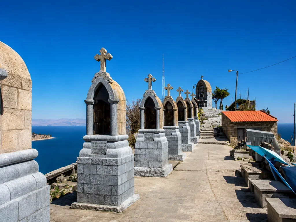 Stone shrines and Stations of the Cross on Cerro Calvario overlooking Lake Titicaca.