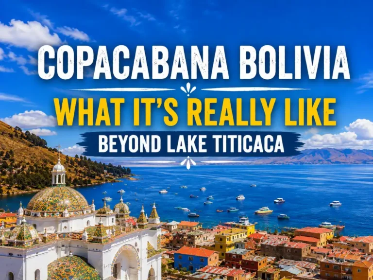 Panoramic view of Copacabana Bolivia overlooking Lake Titicaca with the Basilica and colourful lakeside town.