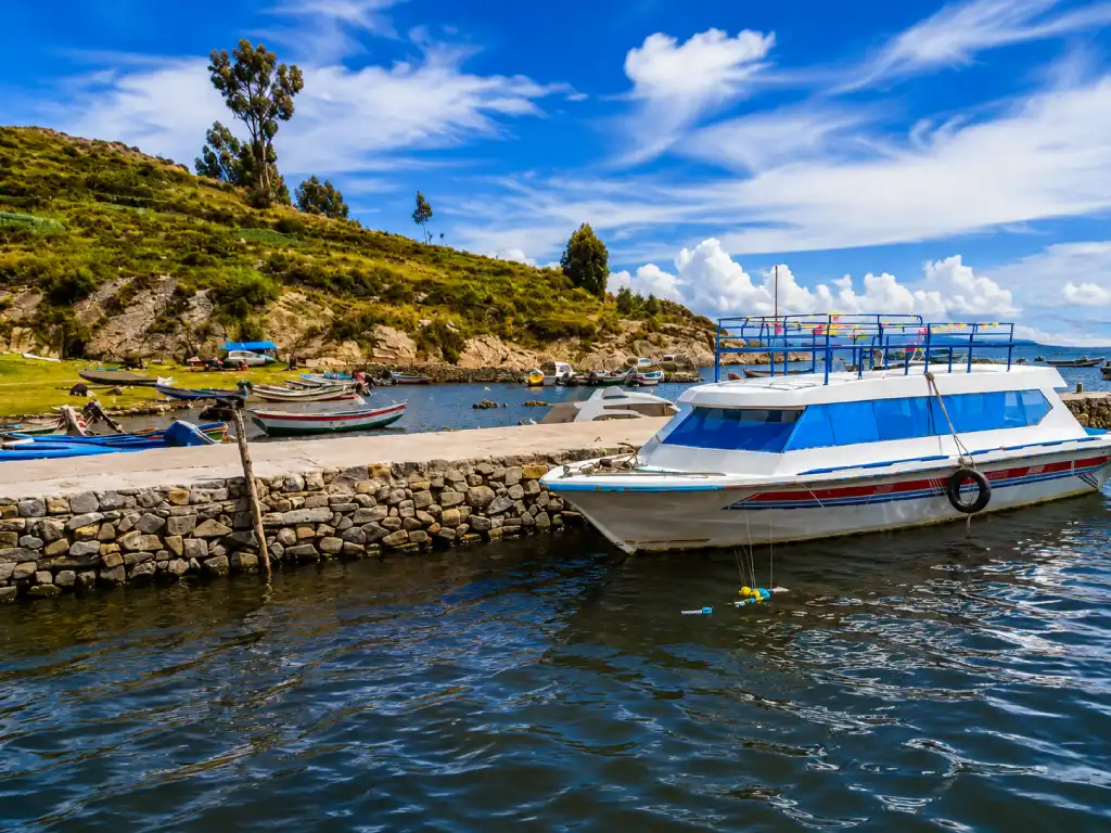 Passenger boat moored at the harbour in Copacabana on Lake Titicaca.